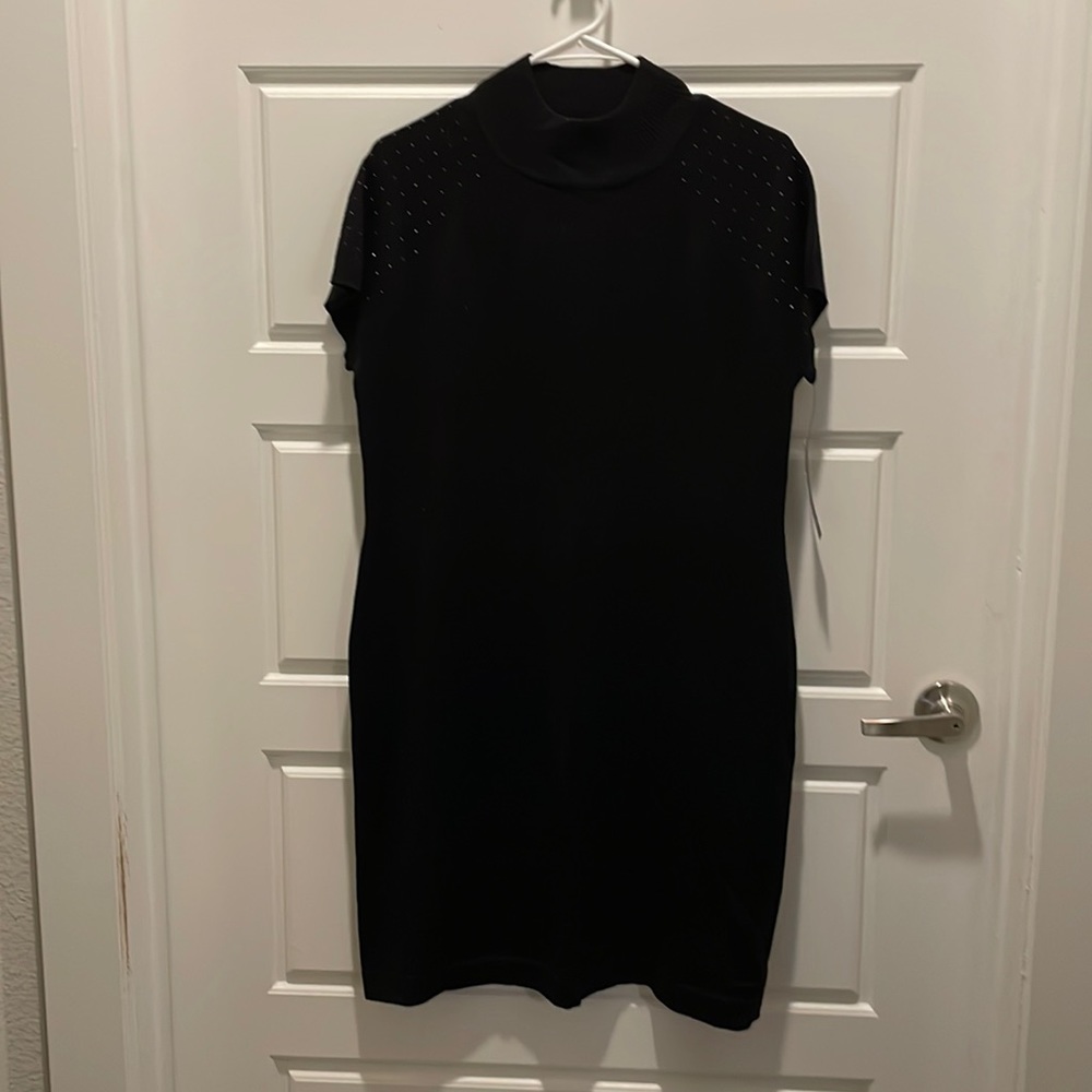 NWT AB Studio Black Knit Dress with Tiny Rhinestones on Sleeves, Sz. L
